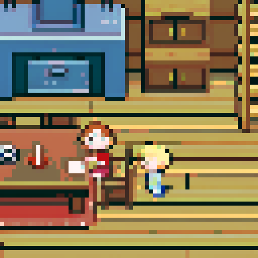 Cabin interior, table, kitchen, mother and son