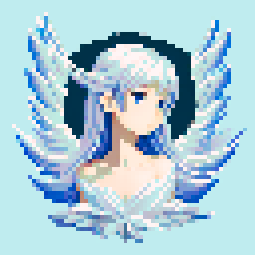 Beautiful, ethereal angel with shimmering wings and flowing, liquid-like chrome body, rendered in minimalist pixel art with vibrant, dazzling sRGB colors
