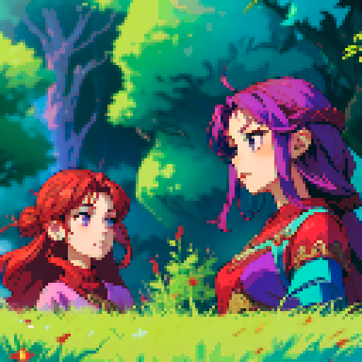 A red goddess, a purple goddess, a blue goddess, and a green goddess are together.