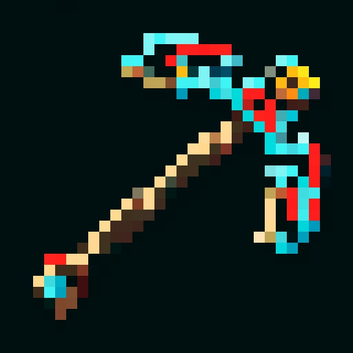 minecraft pickaxe, carved wooden handle, stone head, intricate tribal patterns, pixel art, sRGB