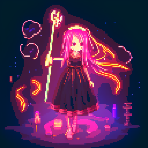 Mage anime girl, flowing hair, fluorescent tattoos, glowing staff, purple neon-lit night market, pixel art