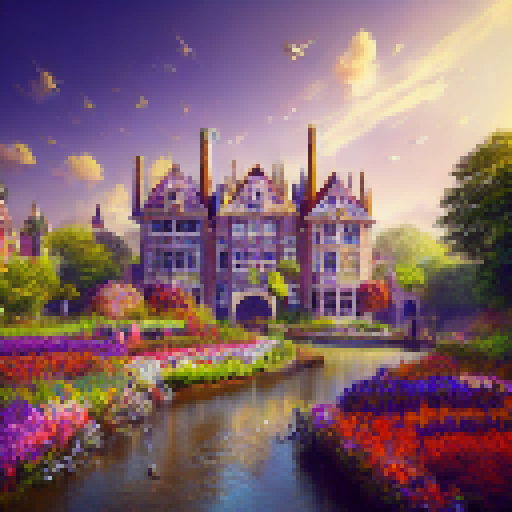 Create a pixel art of Kasteel Keukenhof, featuring vibrant tulip gardens, a flowing river nearby, a moat with a drawbridge, and a clear blue sky overhead.