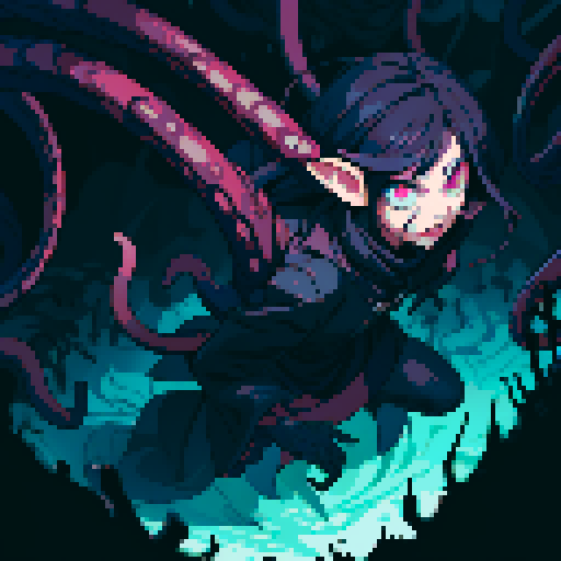 eldritch being, tentacles writhing, full body floating, brain pulsating, many eyes staring, eyeballs bulging, sRGB pixel art