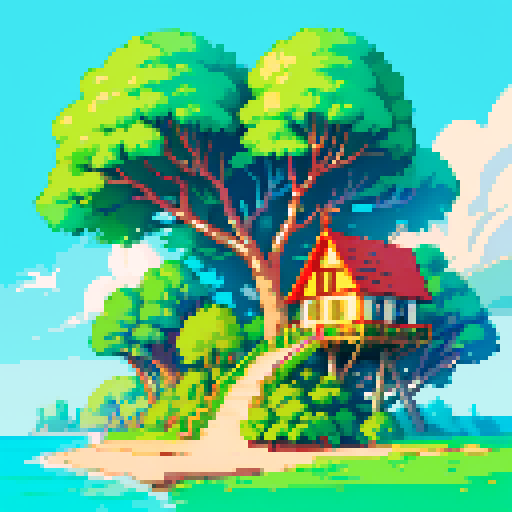 Sunny beach, large tree with tree house, vibrant green vegetation, jewels strewn upon beach, warm, inviting, magical, whimsical, sRGB, pixel art