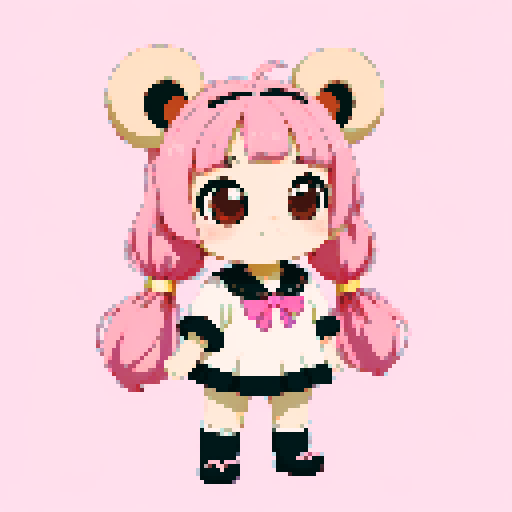 This image features a stylized bear inspired by ghibli, in a chibi art style. The bear has, expressive black eyes and a cute, youthful appearance. The hair is styled in long twin pigtails, accented with pink and gold ribbons, matching the color theme of the outfit, which includes a sailor-style collar and a pink bow. The background is interesting magic landscape, enhancing the character's playful and magical theme. This is a typical example of how popular anime characters