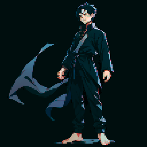 male character. black clothing. neutral pose. full body. Short, dark blue hair.