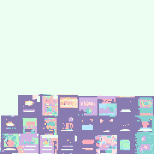 16 abstractly cute designed 14x15 pixel books in pastel tones, each with a fantasy themed cover like "attack_book, bomb_book, carpenter_catalogue, dagger_book, fishing_book, garbage_can_book, god_book, green_tea_book, immunity_book, lewis_shorts_book, luck_book, magnet_book, milk_book, ore_catalogue, rice_book, speed_book"