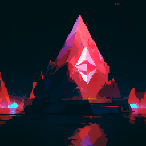 Ethereum logo, vibrant colors, geometric shapes, retro, 8-bit, blocky, low resolution, pixelated, digital, abstract, symmetrical, clean lines, sharp edges, dynamic, popping, eye-catching, neon hues