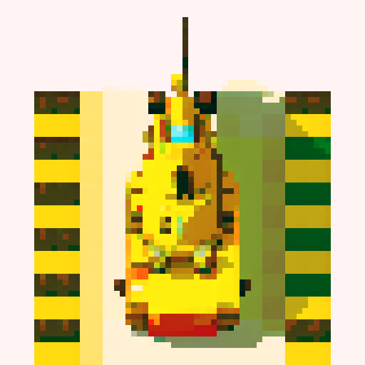 small tank, top-view, Battle City style, game icon, 32x32 pixel art, sRGB, skill art, close up, yellow main color, single turret, intimidating cannons, tracks, pixelated explosions, tranparent background, game sprite, symmetry