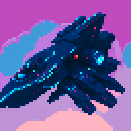 futuristic spaceship hovering above rocky planet, vibrant sky, game icon, sRGB