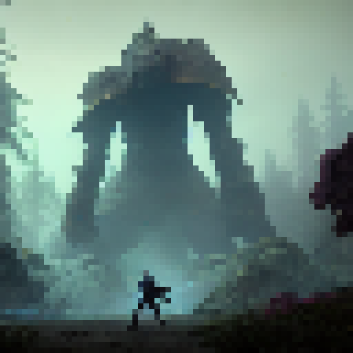 Armor-clad fighter charges his sword towards a towering stone golem amidst a misty forest.