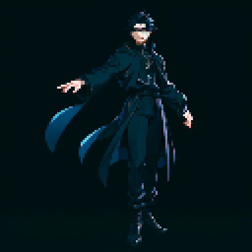 male character, black clothing, neutral pose, full body, dark blue hair