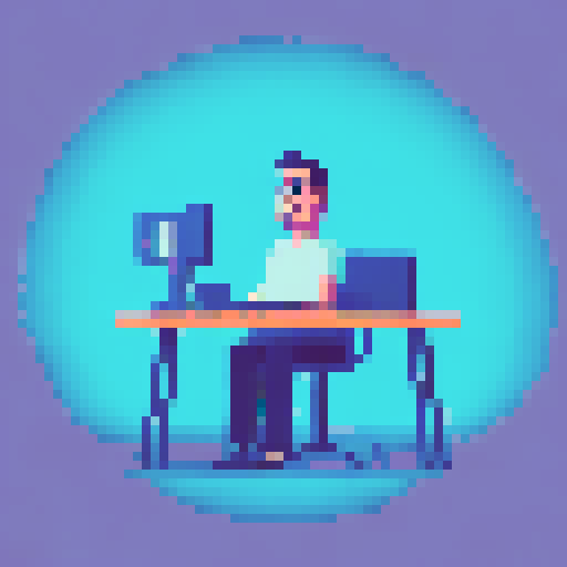 Create a worker sitting on a chair on a computer.