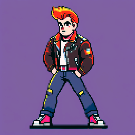 Muscular, tough greaser man with a pompadour hairstyle, wearing a motorcycle jacket, pixel art, sRGB colors, portrait, face avatar