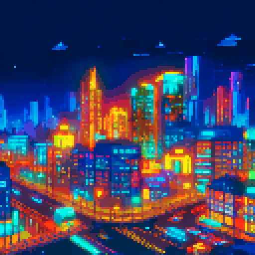 distant cityscape, vibrant colors, low-resolution, blocky buildings, glowing streetlights, twinkling stars, illuminated windows, towering skyscrapers, bustling streets, pixelated cars, atmospheric haze