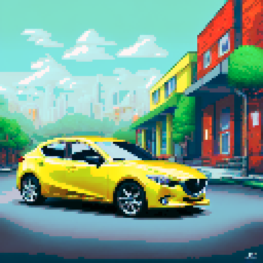 Photorealistic whole Mazda 3, three-quarter view, right front wheel, clean background, sRGB colors, pixel art style