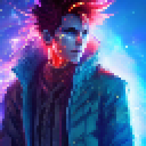 Sparks fly as the pixelated anime hero, with spiky hair and katana in hand, stands defiantly amidst an electrifying blue aura and fiery red glow.