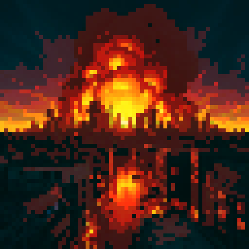 an apocalyptic scene of a large city that's dilapidated and has burning buildings