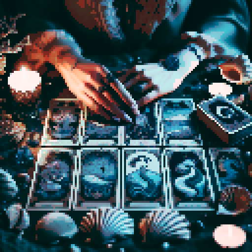 A close-up of a woman's hands over a table during a tarot card reading in a medieval dark style. The table is adorned with elements of the ocean such as sea shells, sand, and small pieces of coral. The atmosphere is mystical and dimly lit, with candlelight casting shadows that enhance the eerie and magical mood. The woman's hands are gracefully poised over the cards, which also have oceanic designs like waves and mermaids.