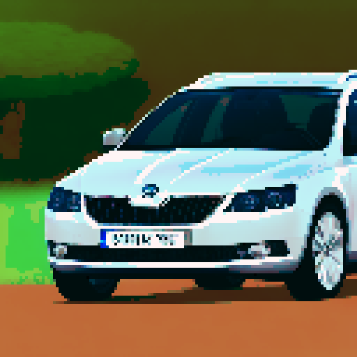 Photorealistic whole Skoda Octavia, centered, three-quarter view, right front wheel, clean background, sRGB colors, pixel art style