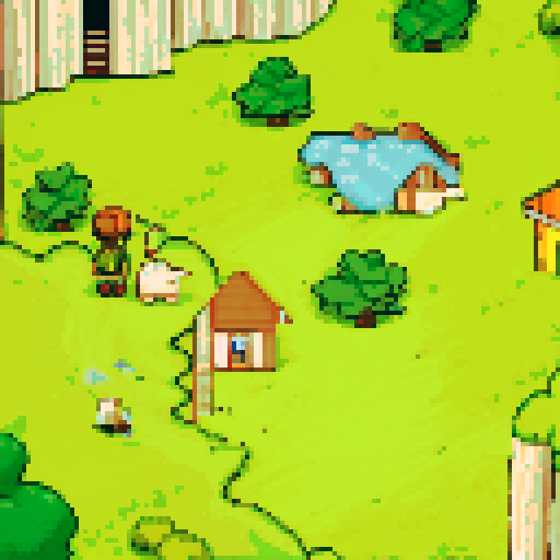 Green valley, odd houses with ribbons, boy with striped shirt and baseball cap, mole with ribbon