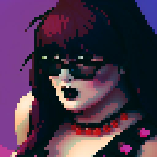 plus size busty goth girl, long purple hair, eyeliner, red lipstick, halter top, spiked collar, up close face portrait, vibrant sRGB colors, pixel art