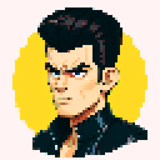 Muscular, tough greaser man with a pompadour hairstyle, wearing a motorcycle jacket, pixel art, sRGB colors, portrait, face avatar