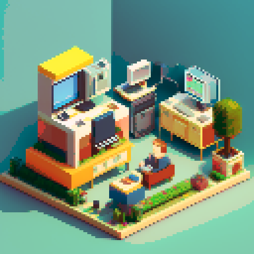 pixel art, bustling cubicles, a quirky receptionist, a steaming cup of coffee, stacks of colorful sticky notes, a vintage typewriter, a desk cluttered with office supplies, a motivational poster on the wall, fluorescent lights casting a vibrant glow, a row of computer monitors, a phone ringing off the hook