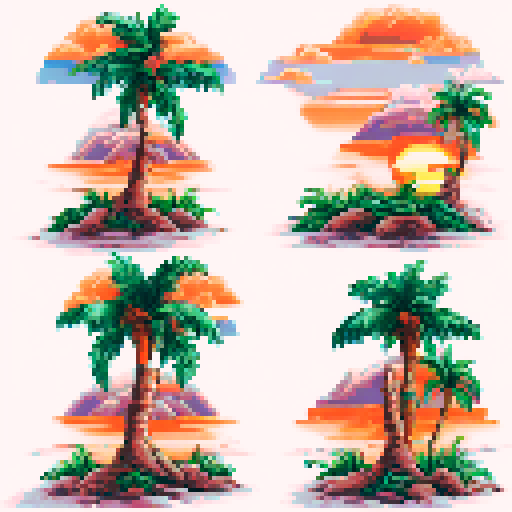 Palm trees on white sand beach with orange sunset over the ocean water.