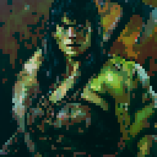 8-bit style portrait with vibrant, retro colors, showcasing a pixelated character in a dynamic pose against a black background, reminiscent of classic video games