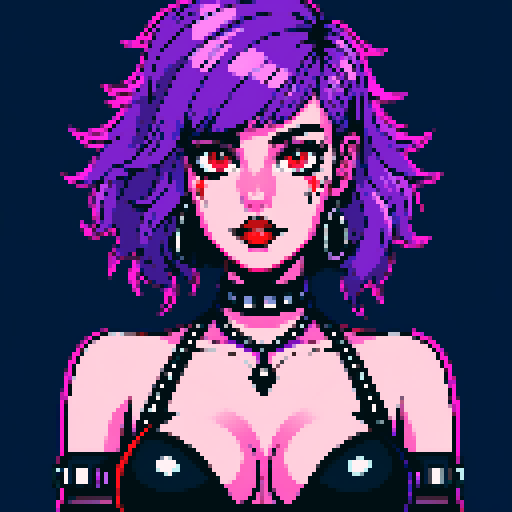 busty goth girl, with purple hair, black eyeshadow and red lipstick. wearing bikini and studded collar, sexy glamour shot, vibrant srgb colors, edgy aesthetic
