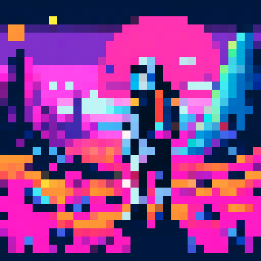 Astronaut exploring an alien landscape, colorful and detailed, pixelated art style, sRGB color space
