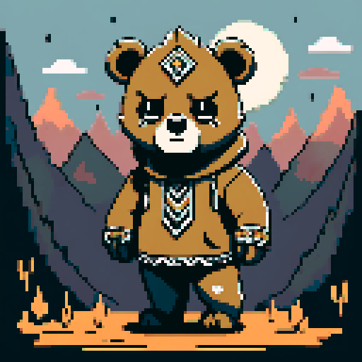 Create a detailed pixel art illustration of an anthropomorphic bear. chibi, piercing, and a grim expression. Its fur is marked with intricate tribal tattoos. Set the scene in a dark, atmospheric environment with a large, ominous sun or moon in the background, and swirling clouds. The color palette should consist of dark earth tones with accents of gray and white, capturing a moody and mysterious vibe. hd quality --ar 2:3 --v 6.0 niji