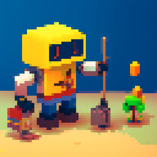 robot woodcutter with axe, caterpillar legs replaced by axe, vibrant colors, blocky shapes, retro video game aesthetic, 8-bit graphics, sharp lines, limited color palette: pixel art