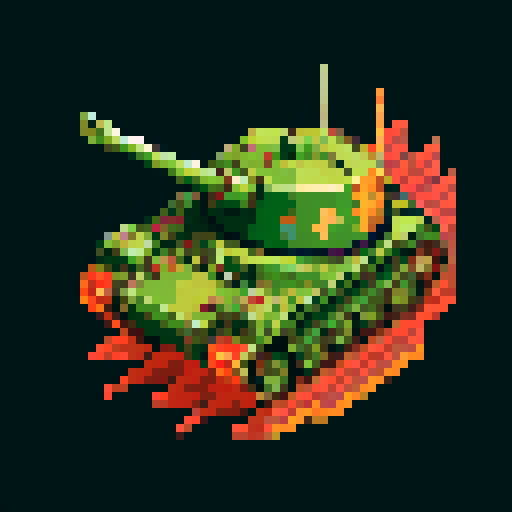 tank, top-view, Battle City style, game icon, 32x32 pixel art, sRGB, skill art, close up, portrait, metallic body, camouflaged, rotating turret, intimidating cannons, tracks, pixelated explosions, smoke trails, vibrant colors, intense action, nostalgic vibes