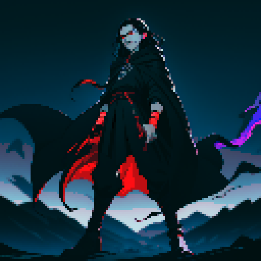 full-body image, evil male villain with long black hair, long thin sword, dark cloak, glowing red eyes, sinister grin, sharp facial features, ominous aura, intense shadows, jagged pixelated lines, vibrant color palette, exaggerated expressions, dramatic lighting in sRGB pixel art style