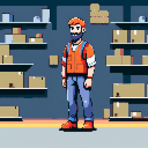 young, bearded, male warehouse worker, Amazon Germany, pixel art
