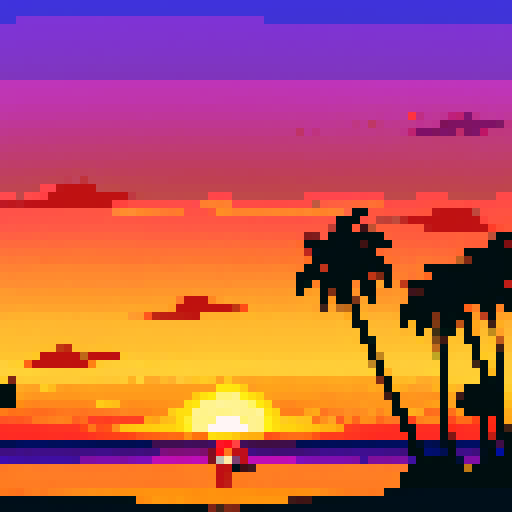 palm trees silhouetted against a fiery sunset sky, golden sand reflecting hues of orange and purple
