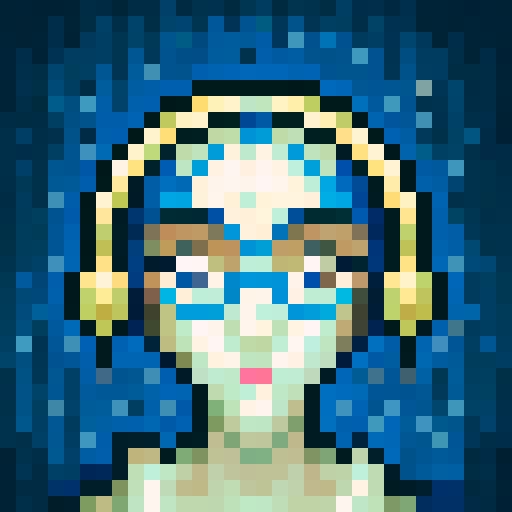 portrait avatar, woman with shoulder length dark hair, looking at the camera, blue palette, game icon style, 32x32 pixel art, sRGB, skill art, close up