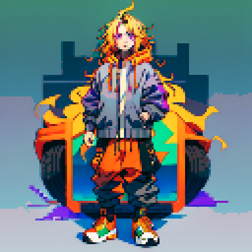 Wavy light blonde hair, purple eyes, zipped up orange jacket with bluish-green accents, grey pants, dark grey and orange colored shoes, vibrant sRGB pixel art style with meticulous pixel placement to match the reference
