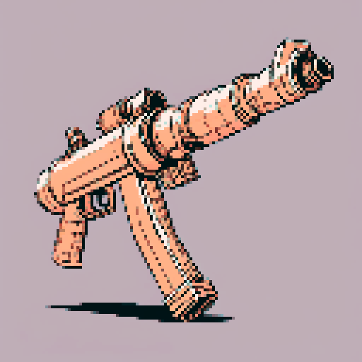 I want a big copper minigun viewed from from the side. It should not be on a stand but instead floating in the center of the frame. It should have strange mechanical details that could interlock with others. I want this object usable an asset in a videogame, meaning only one object per image, outlined with a strong black stroke, on a solid-color background. 