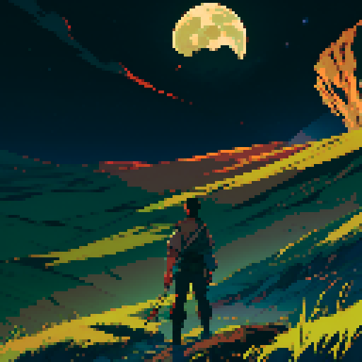 The scene is set as the main protagonist, gurney as seen in the bottom right is on a hill looking over a desolate area with sparse plant life up in flame. We see the back of his head, with his distinct jaw and a cigarette in his mouth. in the distance is a large laboratory, which has smoke coming out of it and a hole in the top. The sky is full of starts, a moon and a distant alien planet. Gurney must be present with his distinct head seen in the reference image, his green top dark brown pants