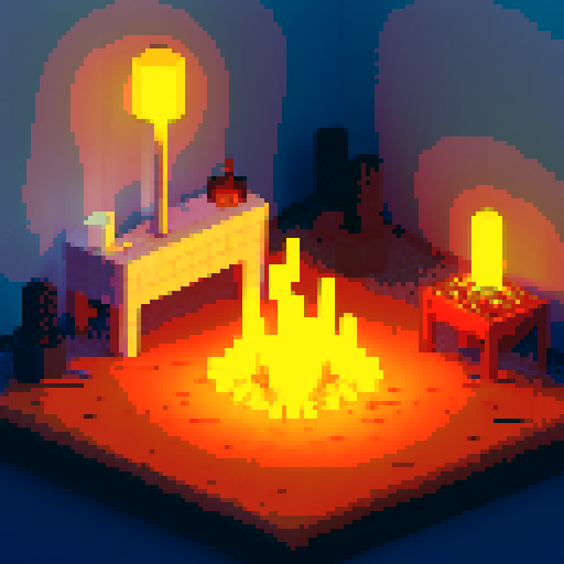 a campfire inside a duneon room, a resting place, closeup