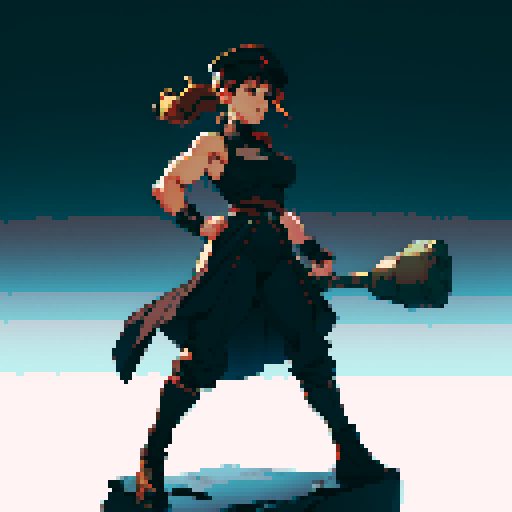 full-body image, muscle girl, female, thick biceps, big shoulders, big fists, muscular physique, facing left, ready to fight, exaggerated proportions, black military uniform, black hat, military backdrop, sRGB, pixel art
