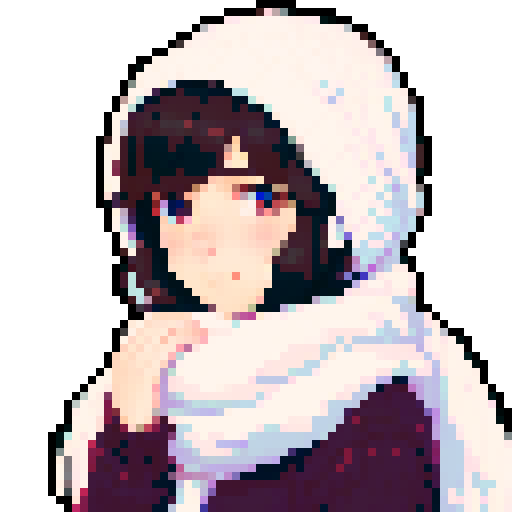 portrait, sprite art, young woman, dark eyes, dark hair, shy girl, awkward, cute, soft eyes, autistic, cozy winter, white scarf, shy, timid, stardew valley