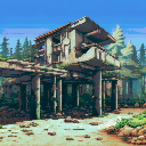 decaying bunker in the woods covered in moss, tall redwood trees rising up like pillars, long shadows cast by setting sun