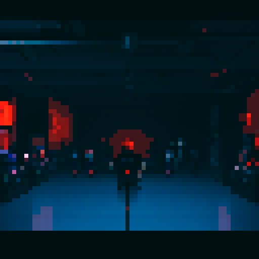 Massive computer terminal, clustered electronics towers, dark cavern, morbid scene, blinking red lights, sRGB, pixel art