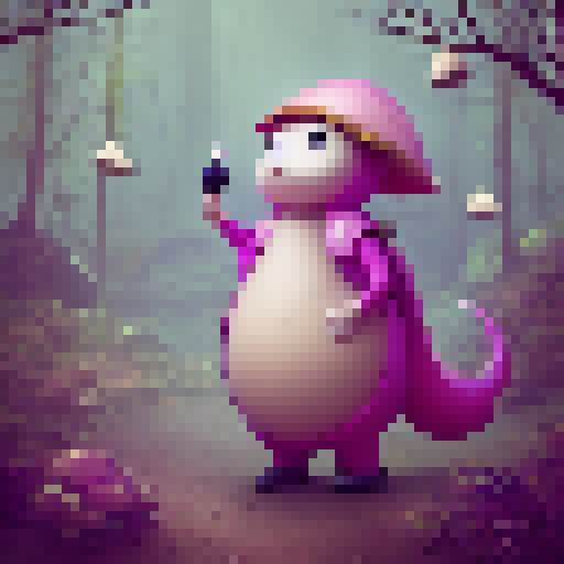 "Sack doll with button eyes and a neat mouth, clutching a glittering gemstone, stands in a mystical forest surrounded by glowing mushrooms and towering trees, with a dragon soaring in the distance."