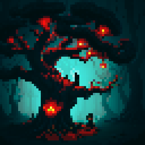 pixel art, sRGB, enemy tree stump with gnarled branches, haunting red eyes, moss-covered bark, sharp thorns, eerie glow, twisted roots, menacing presence, dark and foreboding atmosphere
