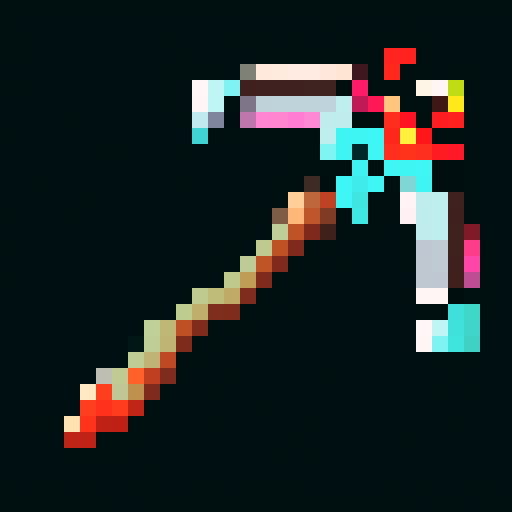 minecraft pickaxe, carved wooden handle, stone head, intricate tribal patterns, vibrant colors